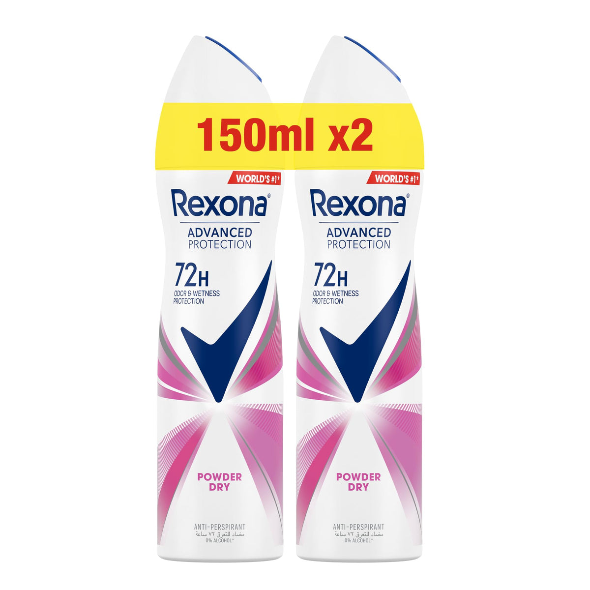 Rexona Women Antiperspirant Deodorant Spray, 72H Sweat & Odor Protection, Powder Dry, with MotionSense Technology, 150ml, Pack of 2