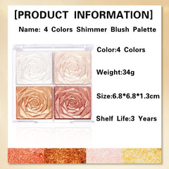 GEEWHILE Shimmer Blushers For Cheeks Make Up, 4 Colors Long-Lasting Blush Palette, 3 In 1 Blusher Contouring Highlighting, Natural-Looking Powder Smudge-proof & Sweat-Resistant Blush for Women (02)