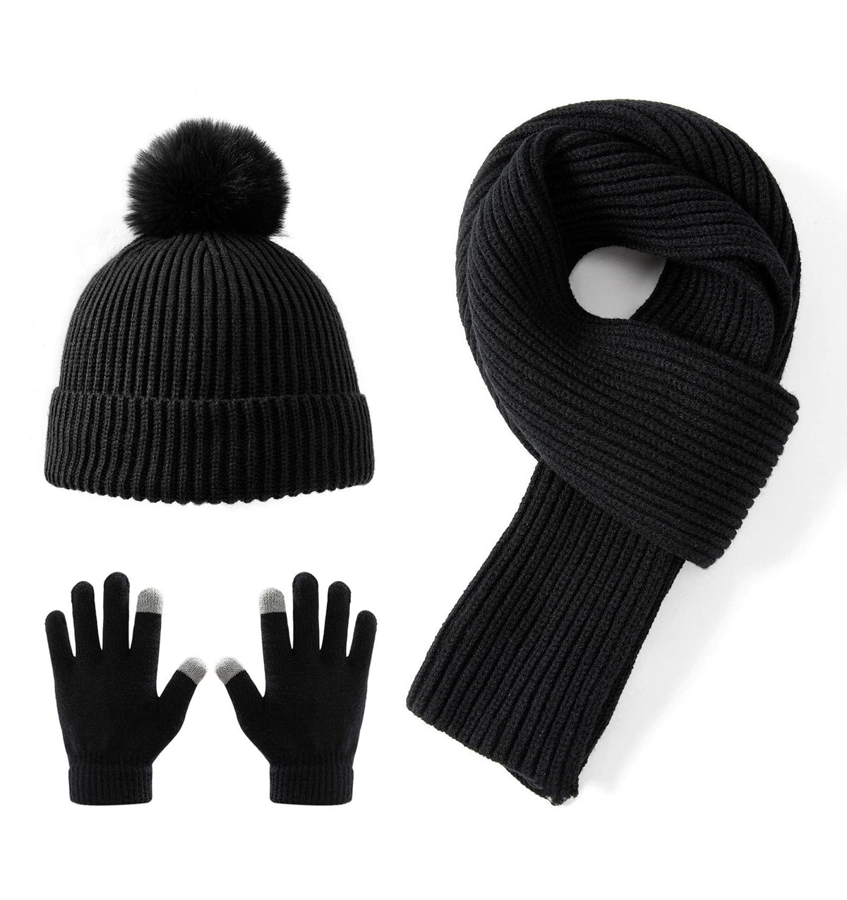 WVHTHVW 3 Piece Women Set with Hat, Scarf and Snow Gloves, Winter Knitted Hat, Warm Soft Pom Pom Hat for women - Black