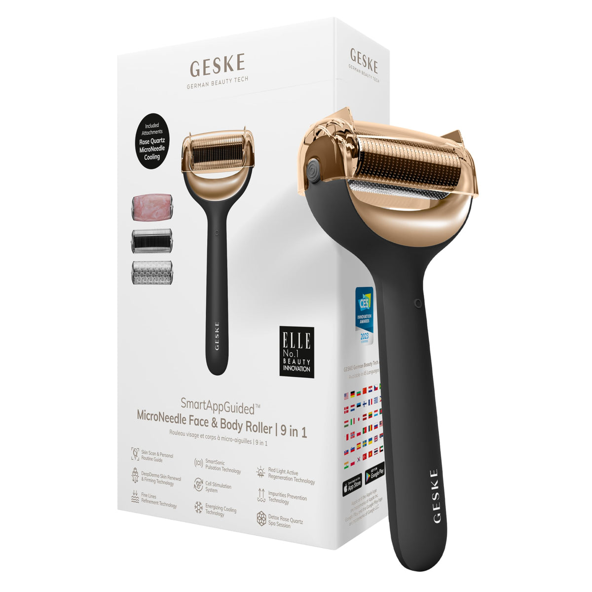 GESKE SmartAppGuided MicroNeedle Face & Body Roller 9 in 1 with Rose Quartz & Cooling Attachment Electric Derma Roller Microneedling Device Needle Roller Beauty Roller for Face and Body