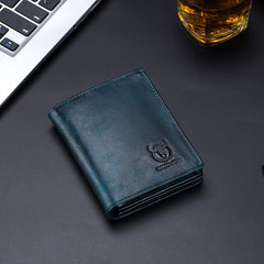 BULLCAPTAIN Large Capacity Genuine Leather Bifold Wallet/Credit Card Holder for Men with 15 Card Slots QB-027 (Teal)