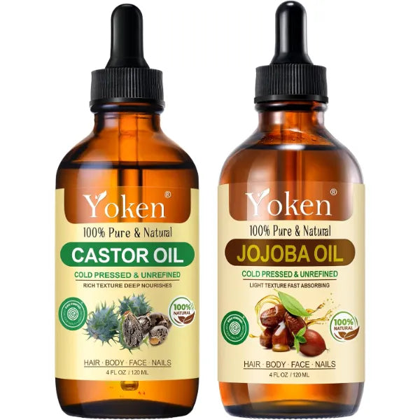 Yoken Jojoba Oil 4oz & Castor Oil 4oz Set: in Glass Dropper Bottle, 100% Pure & Natural, EWG Verified Organic, Cold Pressed, Hexane Free - Best Carrier Oil Hair Oil Facial Oils, Deeply Nourishing
