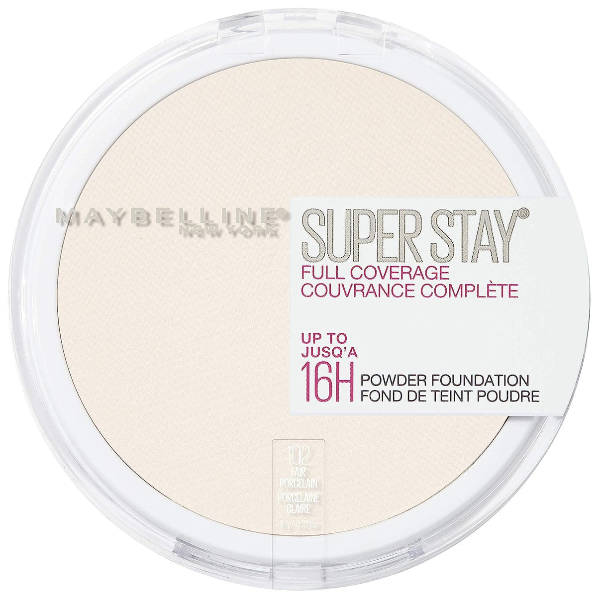 Maybelline New York Super Stay Full Coverage Powder Foundation Makeup, 102 Fair Porcelain, 0.21 Oz