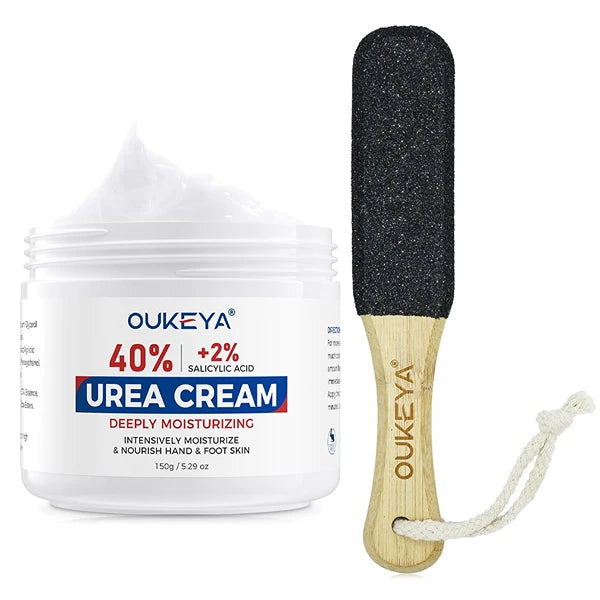 OUKEYA New Formula Urea Cream 40% Plus 2% Salicylic Acid and Foot File Scrubber for Dead Skin Remover