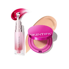 SKINTIFIC Pink Glow Cushion Foundation #03 Petal & Peptide Brightening Lip Serum #06 Cherry Red Set