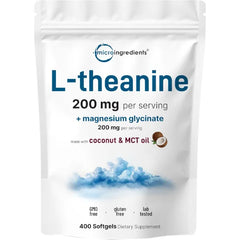 Micro Ingredients L-Theanine 200mg with Magnesium Glycinate, 400 Coconut MCT Oil Softgels | 2-in-1 Amino Acid & Mineral Complex | Gentle Care All Day & NightMicro Ingredients