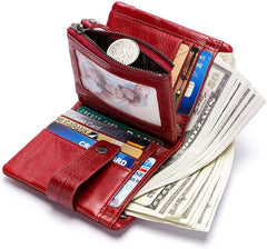 Men‘s Leather Wallet Genuine Leather RFID Blocking Bifold Zipper Pocket Card Holder with ID Window and Card Case Purse - 828-Red
