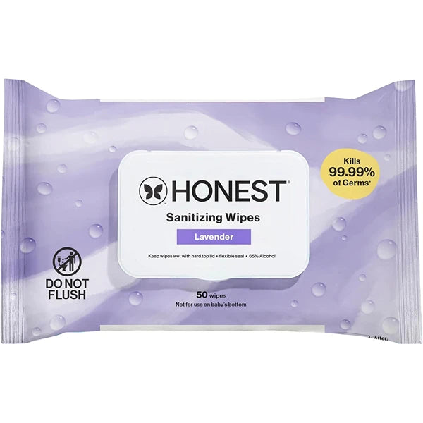 The Honest Company Lavender Sanitizing Wipes, Kills 99.99% of Germs, Safe for All Hands, Antibacterial, Dermatologist Tested, 50 Count