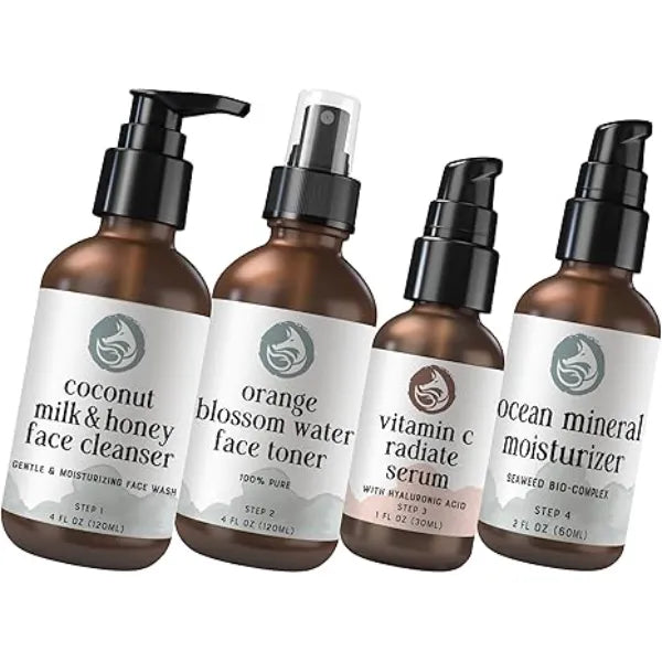 Foxbrim Naturals Radiant Skincare Essentials: Milk & Honey Cleanser, Orange Blossom Toner, Vitamin C Face Serum & Ocean Mineral Moisturizer