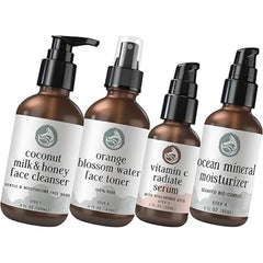 Foxbrim Naturals Radiant Skincare Essentials: Milk & Honey Cleanser, Orange Blossom Toner, Vitamin C Face Serum & Ocean Mineral Moisturizer