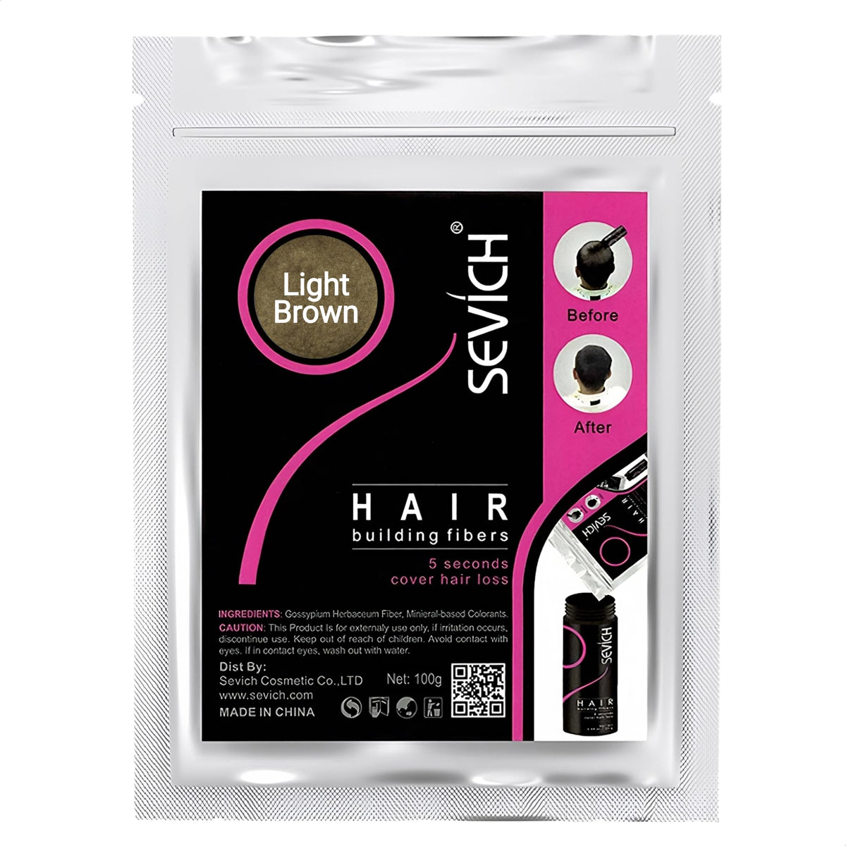 Light Brown Hair Fibers 100g Refill - Instantly Reduces Hair Loss - 100% Natural Cotton Microfiber Powder