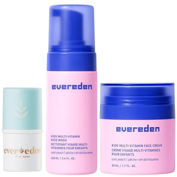Evereden Kids Happy Face Duo Cool Peach and Baby Lip Balm Multi Vitamin Kids Face Wash, Face Cream and Baby Lip Balm Set Clean & Vegan Skin Care Toddlers 3+ Moisturizing & Comforting