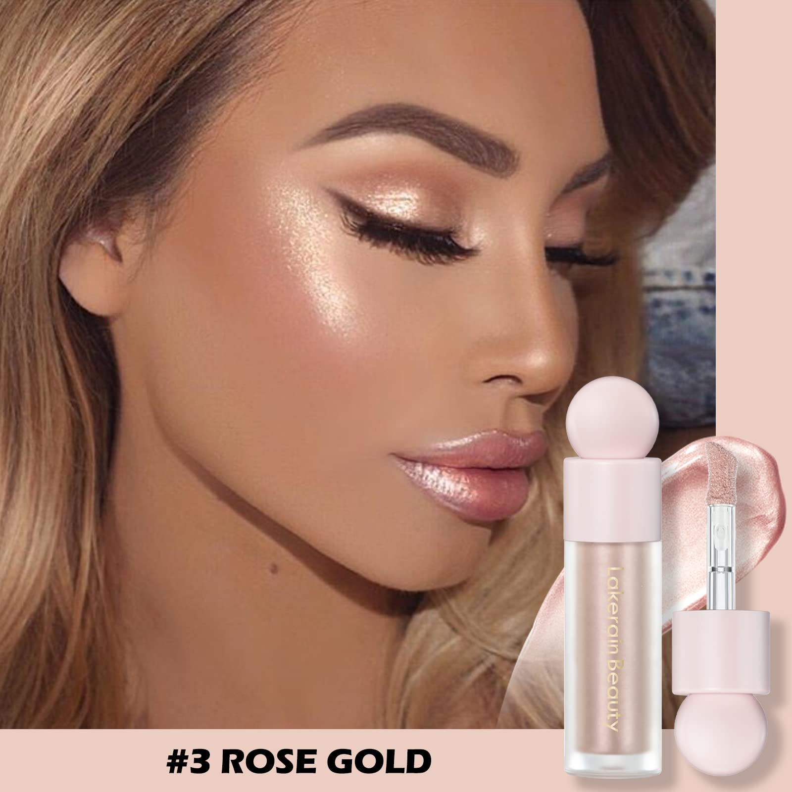 Erinde Liquid Highlighter Makeup, Shimmer Cream Highlighter, Natural Light Face Highlighter, Brightening Liquid Highlight, Face Body Glow Makeup, Glow Drops Makeup, Highlighter Makeup #03 Rose Gold