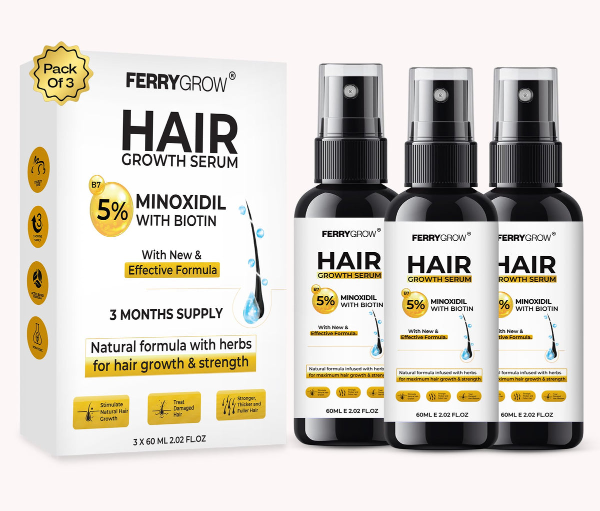 5% Minioxidil, Hair Growth Serum, Regrowth Treatment For Thickens Hair,Promotes Hair Density Help to Stop Thinning loss stimulates Hair Growth, Regain Hair Serum with Biotin (180 ml (pack of 3))