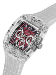 GUESS Men's Quartz Analogue Quartz Watch with Mineral Glass Polycarbonate Case 50WR (Red Dial, Transparent Case, Transparent Strap)