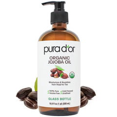 PURA D'OR 16.9 Oz Organic Jojoba Oil (GLASS BOTTLE) USDA Certified - 100% Pure & Natural Moisturizer - Cold Pressed, Unrefined, Hexane Free Base Carrier Oil For DIY Skin Care, Hair, Face & Nails