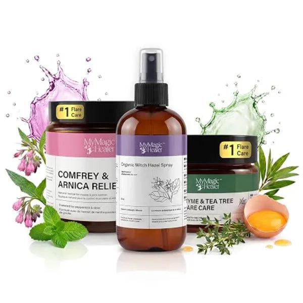 MyMagicHealer Post Workout Skin, Muscle & Body Care Routine Body Breakouts, Sweat-Prone Skin, Tired Muscles Thyme & Tea Tree 1 oz + Comfrey & Arnica 4 oz + Witch Hazel Spray