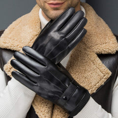 SANKUU Men's Winter Black Gloves Leather Touchscreen Snap Closure Cycling Glove Outdoor Riding Warm Waterproof Gloves - Black