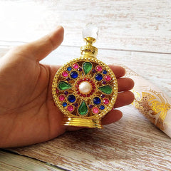 Leadigol 10ML Dubai Arabic Style Rhinestone Perfume Bottle,Portable Bottle Cosmetic Container Alloy Golden Packaging Essential Oil Empty Refillable Bottles