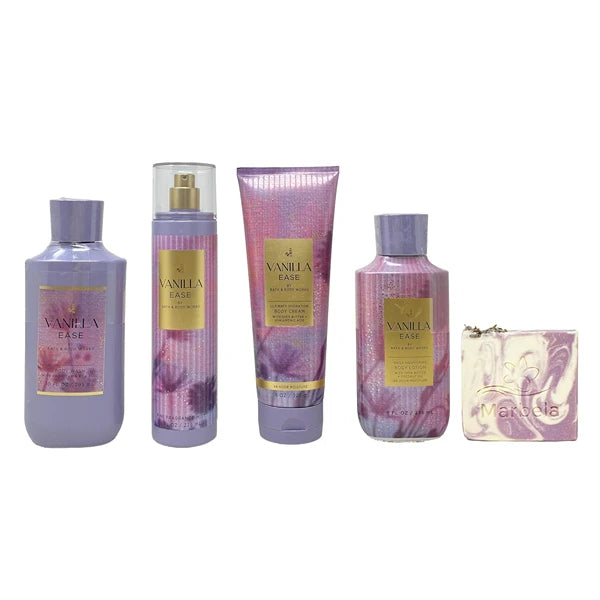 Bath & Body Works Vanilla Ease Deluxe Gift Set - Fragrance Mist, Body Lotion, Body Wash and Body Cream with a Lavender Dreams Bar Soap.