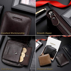 CHANPINCL Mens Genuine Leather Zipper Wallet RFID Secure Large Capacity Double Fold Multi-card Leather Wallets for Men and coin purse (Vegetable tanned leather bronw)