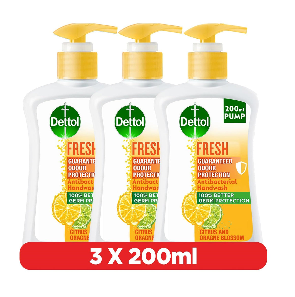 Dettol Fresh Antibacterial Handwash Pump, Citrus & Orange Blossom Fragrance, 200 ml, Pack of 3