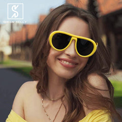 Oversized Trendy Polarized Pilot Sunglasses for Women Men Retro Oval Flat Top Frame Curved Metal Designer Eyewear