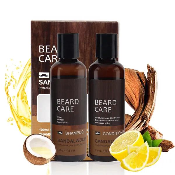 Grospe Beard Wash & Conditioner Set for Men - Glycerin & Coconut Oil Formula with Sandalwood Scent, Softens & Strengthens Facial Hair, Reduces Itchiness (3.4oz x 2)