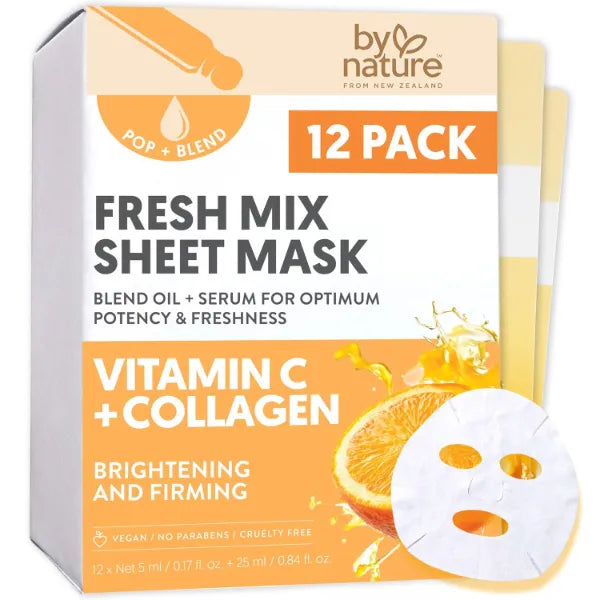 By Nature POP + BLEND Fresh Mix Vitamin C Collagen Sheet Mask – Brightening DIY Facial Treatment for Firming & Hydrating Skin with Kakadu Plum & Vitamin E – Pack of 12