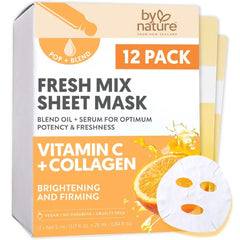 By Nature POP + BLEND Fresh Mix Vitamin C Collagen Sheet Mask – Brightening DIY Facial Treatment for Firming & Hydrating Skin with Kakadu Plum & Vitamin E – Pack of 12