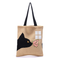 Excefore Tote Bag for Women Aesthetic,Cartoon woven bag,Cat and Butterfly Pattern Knitted Tote Bag for Shopping Grocery Reusable Bags