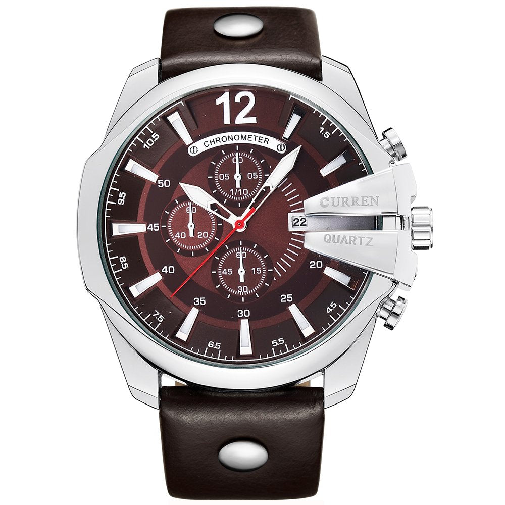 CURREN Men Watches Gold Male Fashion Leather Strap Outdoor Casual Sport Wristwatch with Big Dial (Silver brown)