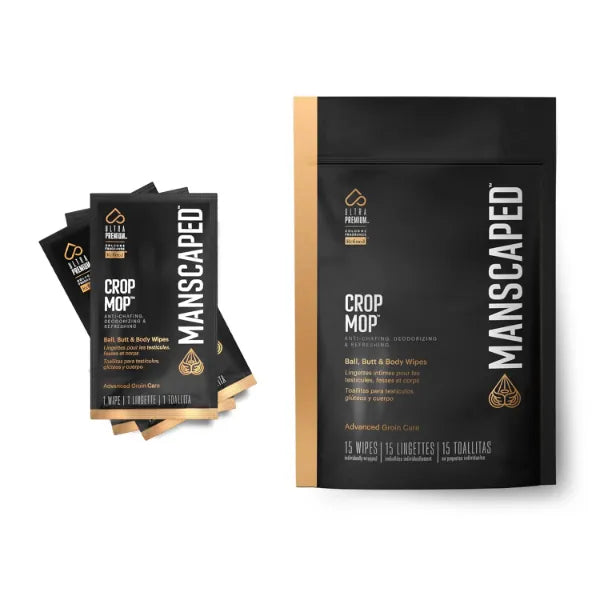 MANSCAPED Crop Mop On-The-Go Individually Wrapped Ball Wipes, Anti-Chafing Male Hygiene Body Wipes, Cleaning Wipe Designed for The Male Groin Area with Refreshing and Cooling Aloe Vera, 15 Pack