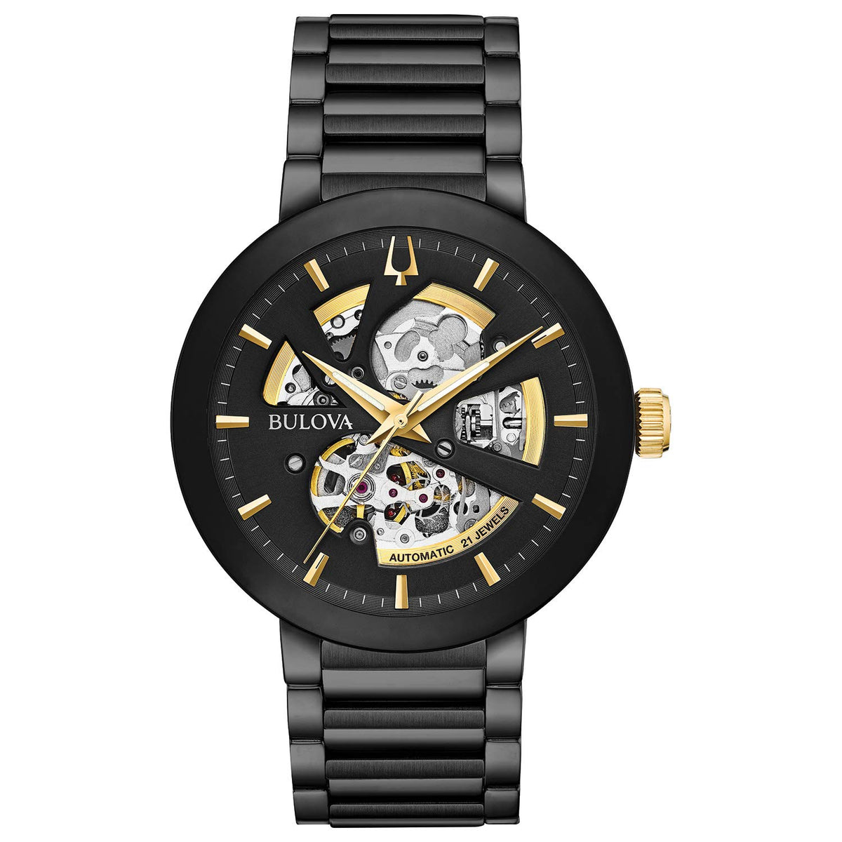 Bulova Men's Modern 3-Hand Automatic Watch, Open Aperture Dial and Edge to Edge Crystal - Black Ion-Plated/Gold Tone Accents