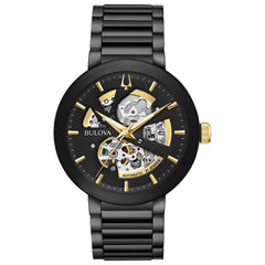 Bulova Men's Modern 3-Hand Automatic Watch, Open Aperture Dial and Edge to Edge Crystal - Black Ion-Plated/Gold Tone Accents