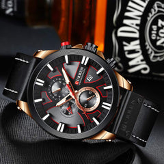 CURREN Mens Water Resistant Sport Chronograph Watches Military Multifunction Leather Quartz Wrist Watches - rose gold black