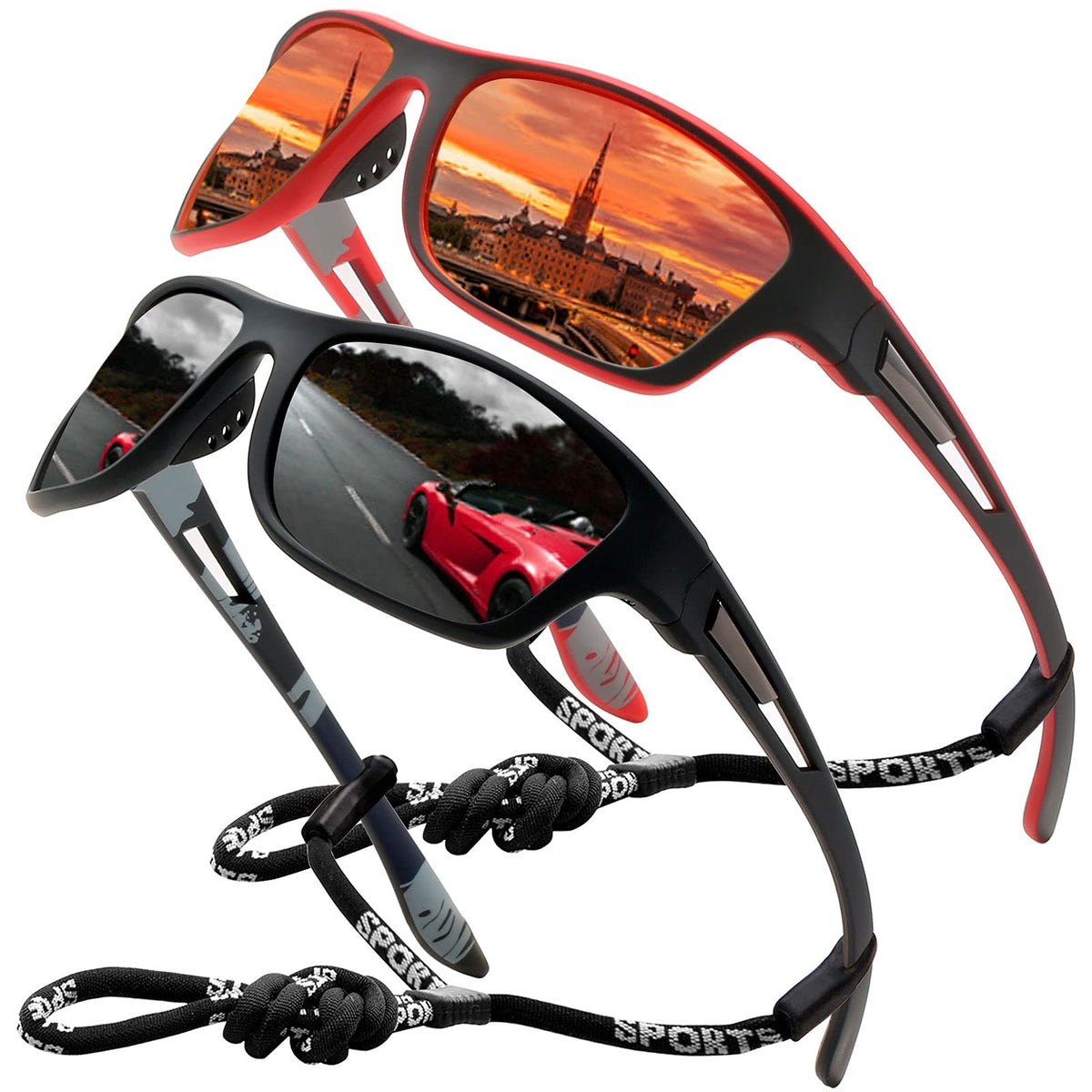 Sports Sunglasses Polarized For Mens Womens Driving Fishing Running Wrap Around Sun Glasses Unbreakable Frame Goggles with Glasses rope Strap UV Protection