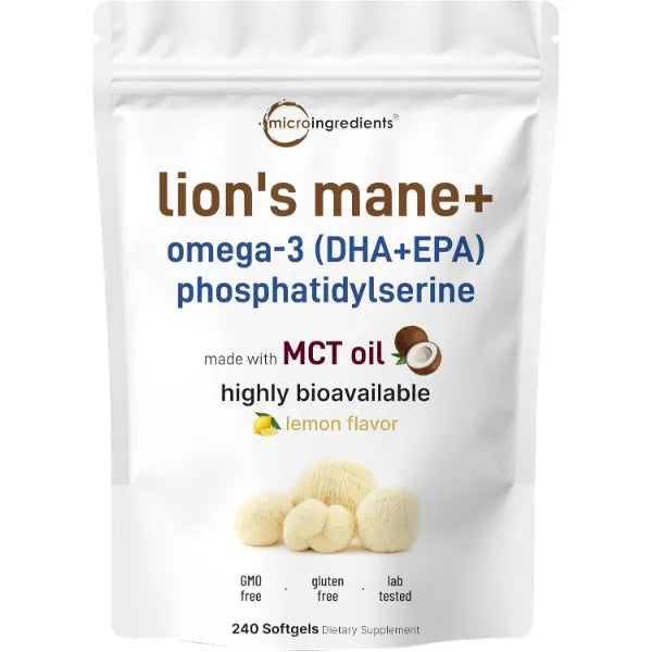Micro Ingredients Lions Mane+ with Omega-3 EPA DHA & Phosphatidylserine – 240 Softgels with MCT Oil for Better Absorption – Fruiting Body & Mycelium Superfood Mushroom Extract – Lemon Flavored