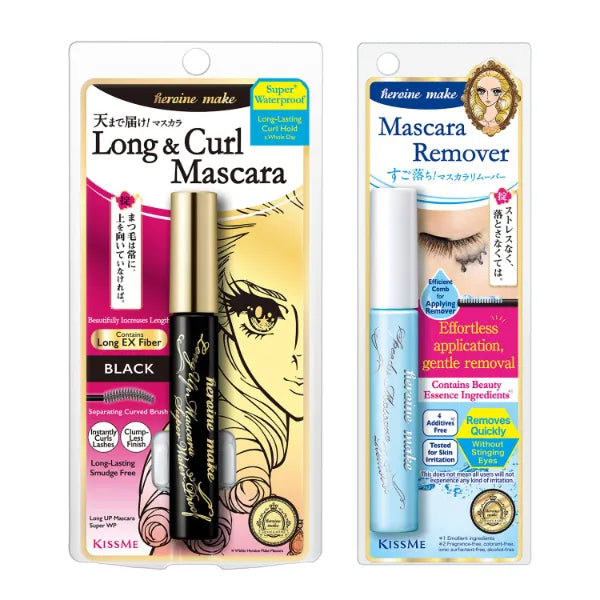 HEROINE MAKE by KISSME Waterproof Mascara Black | Volume and Length by Defining Fiber for Long and Curl Eye Makeup for Women + Gentle Mascara Remover Oil Free