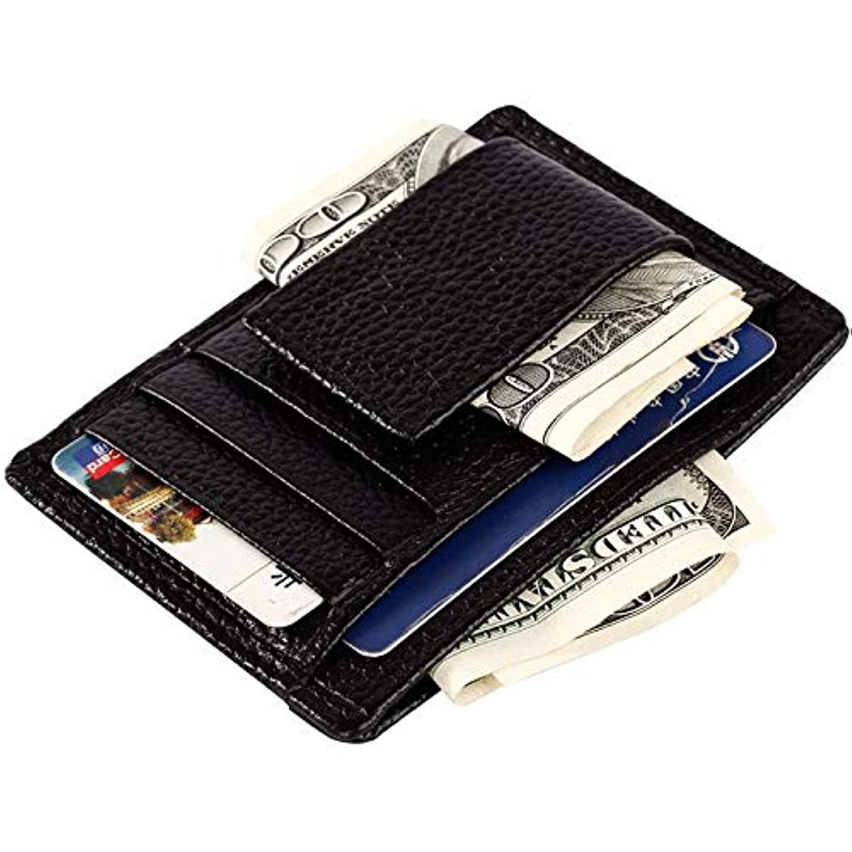 Cool-Shop Genuine Men's Leather Durable Slim Wallets, Magnetic Money Clip Wallet Set, Mini Card Holder (Black)