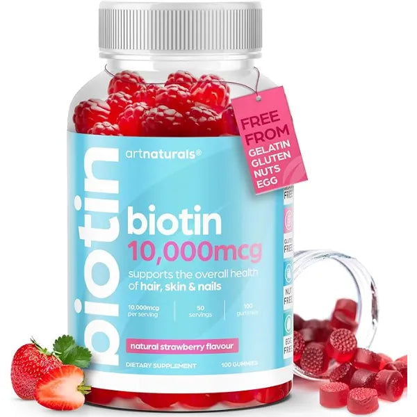 Artnaturals Biotin Gummies for Hair Growth 100 Gummies Natural Strawberry Vitamins Supports Nails and Skin Gelatin, Gluten, Nut and Egg Free