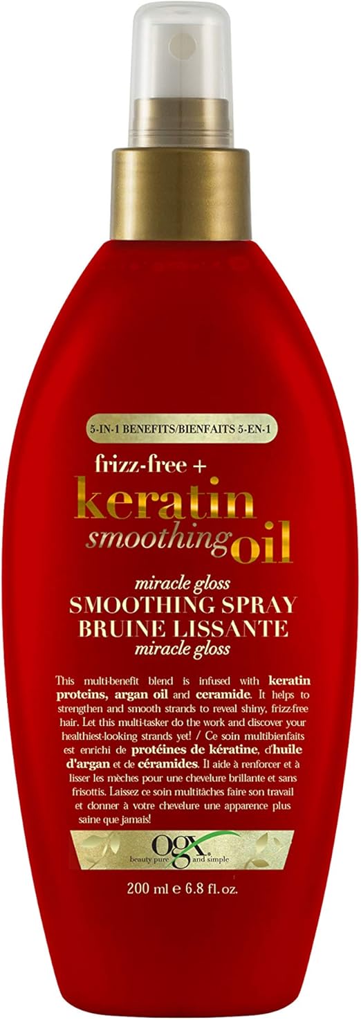 OGX Frizz-Free + Keratin Smoothing Oil Miracle Gloss Spray, 5 in 1, De-frizz & Shiny Hair, Argan Oil