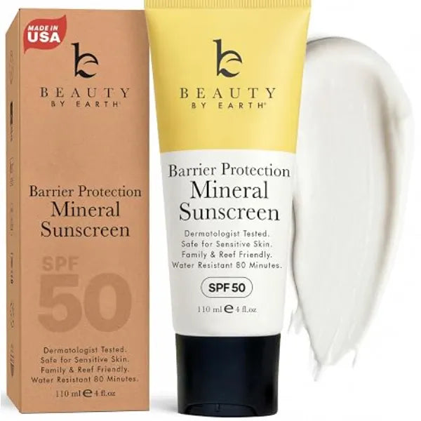 Beauty by Earth 100% Mineral Zinc Oxide Sunscreen for Body SPF 50 Broad Spectrum UVA/UVB Reef Safe, Made in USA with Organic & Natural Ingredients, Non Toxic Baby Sunblock for Kids & Sensitive Skin, No White Cast