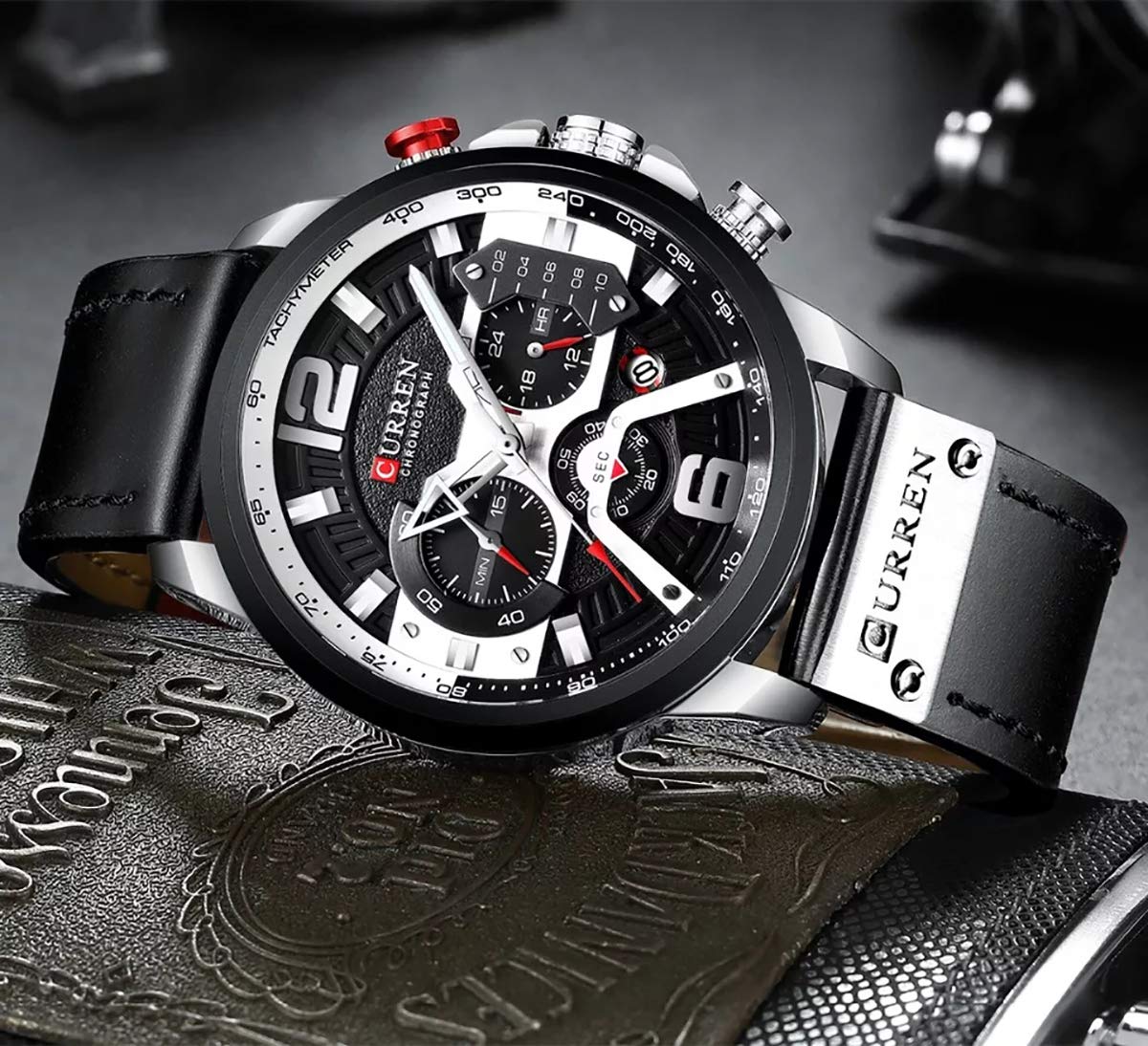 CURREN Watches Men Quartz Leather Chronograph Watch and Fashion Bracelet Set Blue Watches for Men Luxury Wristwatch Gifts (Black)