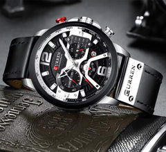 CURREN Watches Men Quartz Leather Chronograph Watch and Fashion Bracelet Set Analog Watches for Men Luxury Wristwatch Gifts for Dad Boyfriend, Silver, Quartz Watch,Chronograph - Black