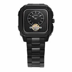 Fossil Inscription Men's Watch with Square Case and Stainless Steel, Silicone or Leather Band Black Auto