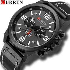 Curren Quartz Analog Watch Leather Band Wristwatch with Date Display, 8314 - Black