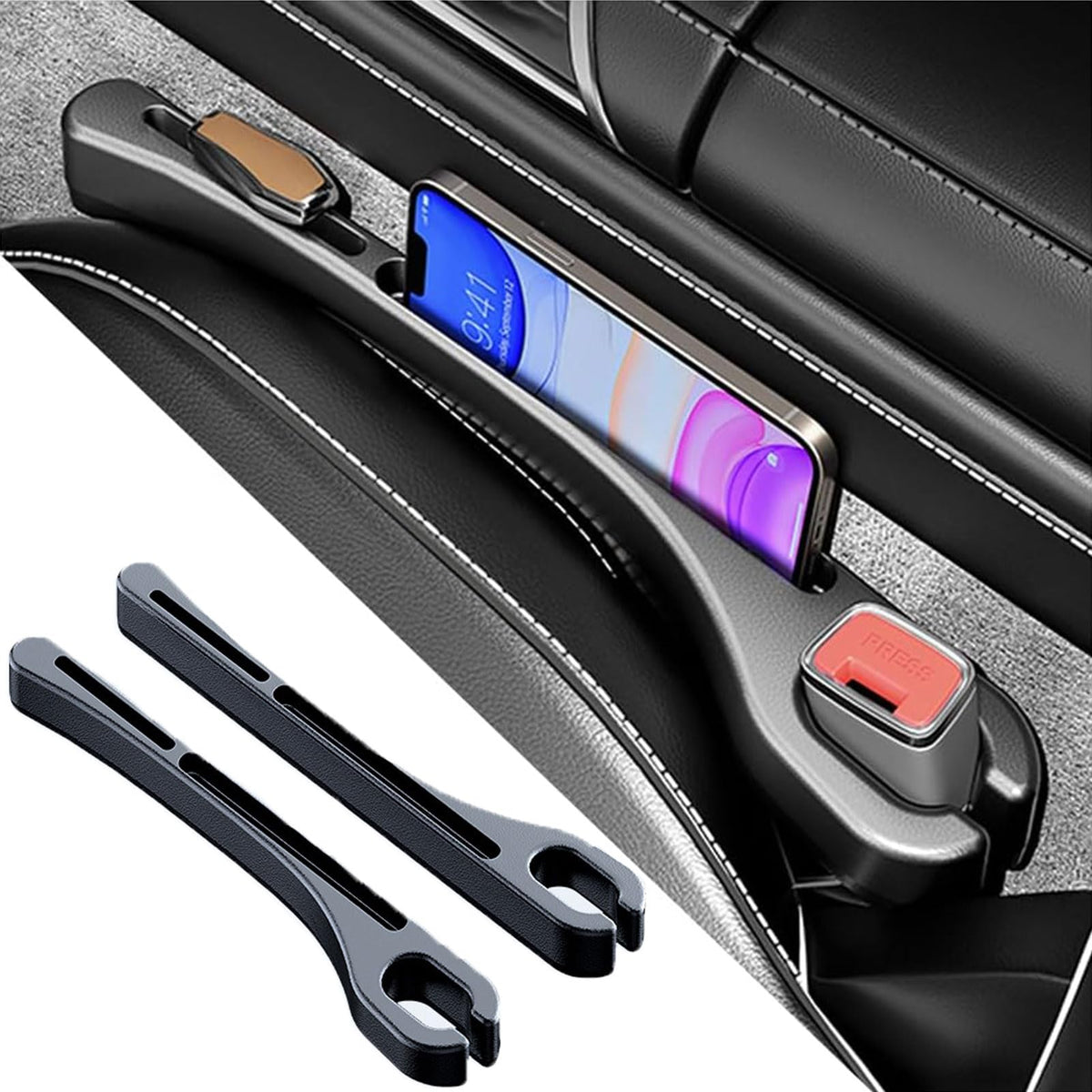 ROUNY Car Seat Gap Filler Organizer with Phone Holder, Car Side Seat Gap Organizer for Prevent Falling, Essential Car Accessories with Seat Belt Holes, Universal for Most Cars, Trucks and SUV(Black)- 2PCS