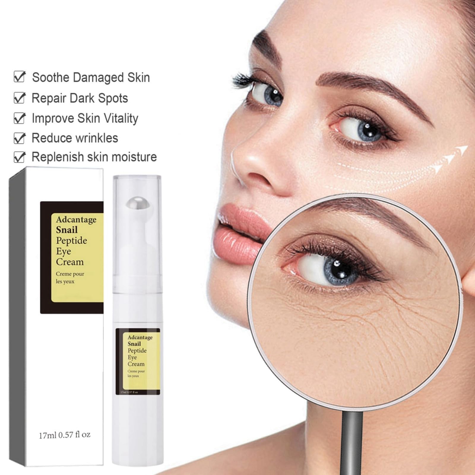 Snail Peptide Eye Serum, Mucin Eye Cream, Under Eye Roller Cream to Reduce Dark Circles Puffiness Wrinkles Fine Lines, Niacinamide Eye Essence with 360° Massage Ball, Roll-On for Moisturizing Firming