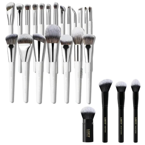 LORYP 4Pcs Full Face Retractable & 20Pcs White Soft Vegan Professional Face Eye Makeup Brushes Bundle
